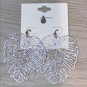 Paint Splash Tropical Leaf Earrings-White